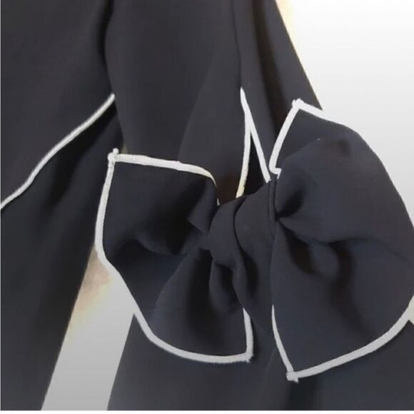 Zara Navy & White Contrast Piping Bow Long Sleeve Blouse - Size XS - Picture 4 of 7